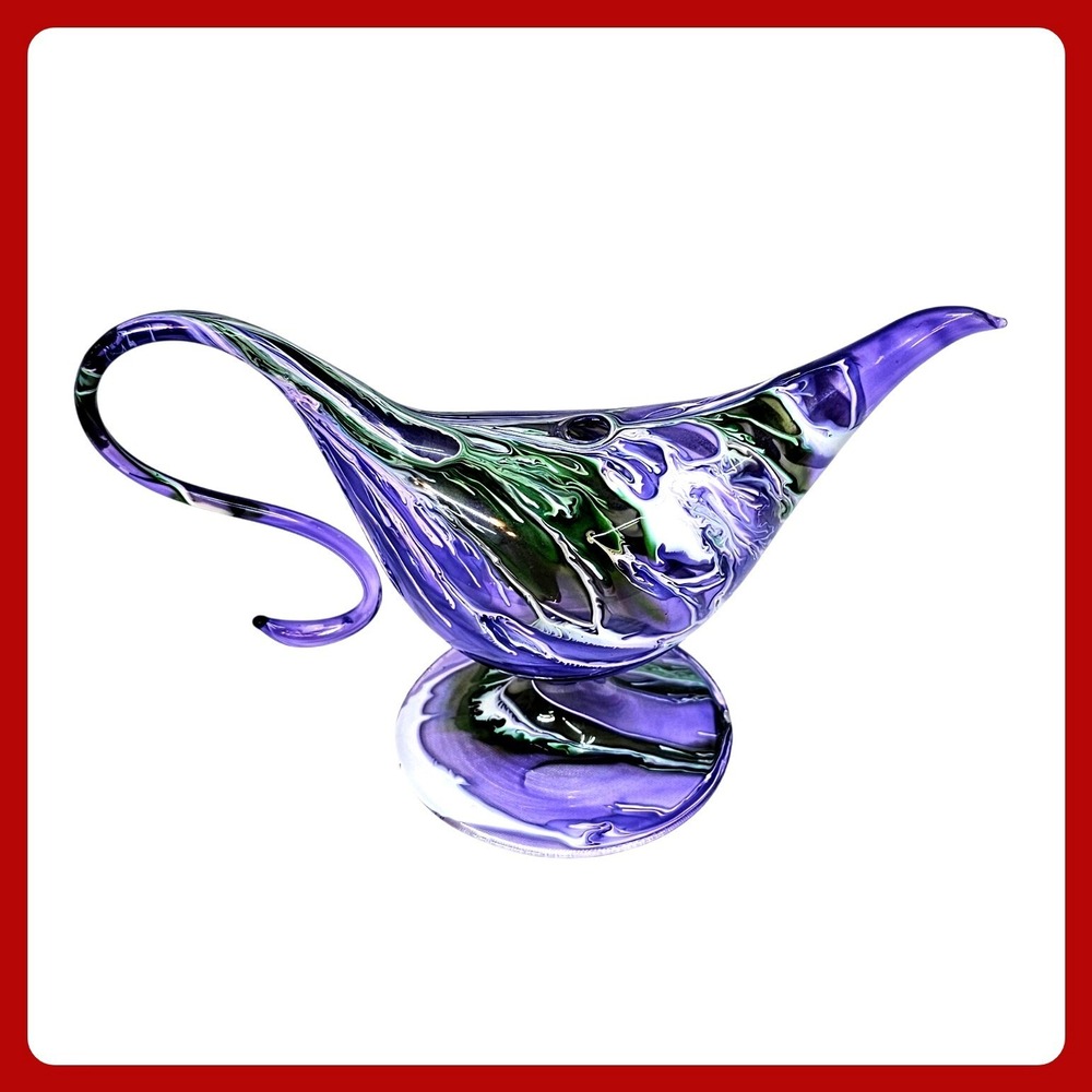 Artisan Genie Lamp Glass Purple Green Swirl Hand Blown Art Decor New Oil Lantern
